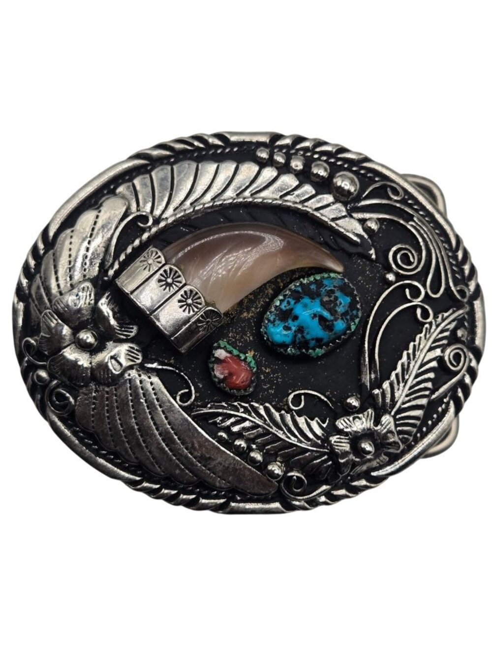 Vintage Bear Claw Belt Buckle Turquoise Coral Cowboy Western Wear Rodeo USA